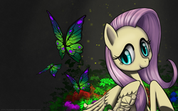 Size: 1680x1050 | Tagged: safe, artist:burning-heart-brony, fluttershy, butterfly, g4, female, looking at you, looking back, raised hoof, solo, wallpaper