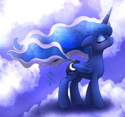 Size: 1925x1800 | Tagged: safe, artist:joakaha, princess luna, g4, cloud, eyes closed, female, missing accessory, smiling, solo