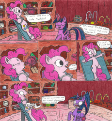 Size: 859x929 | Tagged: safe, artist:eternaljonathan, pinkie pie, twilight sparkle, alicorn, earth pony, pony, g4, comic, drinking, duo, duo female, female, golden oaks library, stomach growl, stomach noise, traditional art, twilight sparkle (alicorn)
