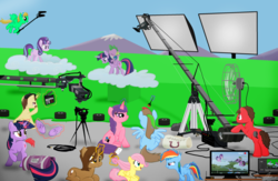 Size: 2860x1864 | Tagged: safe, artist:oinktweetstudios, fluttershy, rainbow dash, spike, starlight glimmer, twilight sparkle, oc, alicorn, pony, g4, the cutie re-mark, animated actors, behind the scenes, boom mic, camera, clapperboard, computer, fan, female, filly, filly fluttershy, filly rainbow dash, green screen, hair dye, mare, microphone, stunt double, twilight sparkle (alicorn)