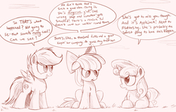 Size: 3899x2500 | Tagged: safe, artist:ncmares, apple bloom, scootaloo, sweetie belle, earth pony, pegasus, pony, unicorn, g4, big-apple-pony, cutie mark crusaders, dialogue, female, filly, foal, high res, monochrome, speech bubble, trio, trio female