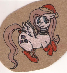 Size: 518x562 | Tagged: safe, artist:tacodeltaco, fluttershy, g4, clothes, female, hat, santa hat, socks, solo, tail bow, traditional art