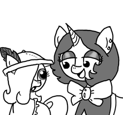 Size: 640x600 | Tagged: safe, artist:ficficponyfic, oc, oc only, oc:emerald jewel, oc:joyride, earth pony, pony, unicorn, colt quest, child, clothes, colt, cyoa, female, femboy, foal, grayscale, hat, horn, male, mare, monochrome, story included, surprised, trap