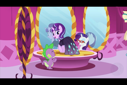 Size: 960x640 | Tagged: safe, screencap, rarity, spike, starlight glimmer, dragon, pony, unicorn, g4, season 5, the cutie re-mark, boutique, clothes, dress, female, friends are always there for you, letterboxing, male, mare, mirror, s5 starlight, smiling, trio, wingless spike