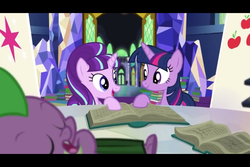 Size: 960x640 | Tagged: safe, screencap, spike, starlight glimmer, twilight sparkle, alicorn, dragon, pony, g4, season 5, the cutie re-mark, book, castle, eyes closed, female, friends are always there for you, letterboxing, library, male, mare, open mouth, open smile, s5 starlight, sleeping, smiling, twilight sparkle (alicorn), wingless spike