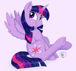 Size: 1700x1600 | Tagged: safe, artist:notenoughapples, twilight sparkle, alicorn, pony, g4, cute, female, mare, simple background, sitting, smiling, solo, spread wings, twiabetes, twilight sparkle (alicorn), underhoof