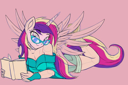 Size: 1500x1000 | Tagged: safe, artist:ruhisu, princess cadance, anthro, g4, bare shoulders, book, breasts, clothes, cute, cutedance, female, looking at you, off shoulder, prone, smiling, solo, spread wings, wip