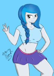 Size: 3008x4200 | Tagged: safe, artist:stormy-draws, edit, oc, oc only, oc:bubble lee, human, belt, breasts, cleavage, clothes, female, humanized, humanized oc, midriff, miniskirt, ponytail, side ponytail, skirt, solo