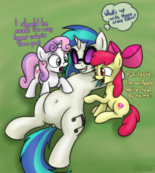 Size: 946x1057 | Tagged: safe, artist:variant, apple bloom, dj pon-3, sweetie belle, vinyl scratch, earth pony, pony, unicorn, g4, belly button, dialogue, digestion, dock, female, fetish, filly, filly prey, implied death, implied digestion, implied scootaloo, irrational exuberance, lying down, mare, mare pred, on back, post-vore, scootaprey, sitting, smiling, vinyl pred, vore, willing prey, willing vore