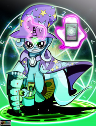 Size: 1024x1339 | Tagged: safe, artist:iamthemanwithglasses, trixie, pony, unicorn, g4, card, crossover, duel disk, female, mare, orichalcos, parody, seal of orichalcos, solo, spell card, yu-gi-oh!