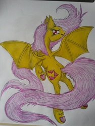 Size: 1024x1365 | Tagged: safe, artist:penkatshi, fluttershy, bat pony, pony, g4, female, flutterbat, flying, looking at you, looking back, rear view, red eyes, simple background, solo, spread wings, traditional art, underhoof