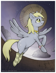 Size: 936x1225 | Tagged: safe, artist:ecmajor, derpy hooves, pegasus, pony, g4, clothes, dock, elements of harmony, female, flying, halo, mare, socks, solo, striped socks