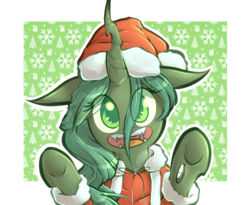 Size: 1230x1010 | Tagged: safe, artist:spikedmauler, queen chrysalis, g4, adorkable, christmas tree, clothes, cute, cutealis, dork, fangs, female, hat, looking at you, open mouth, queen christmas, santa costume, santa hat, snow, snowflake, solo