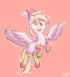 Size: 1000x1100 | Tagged: safe, artist:spikedmauler, derpy hooves, pegasus, pony, g4, clothes, female, flying, hat, mare, santa hat, simple background, smiling, socks, solo