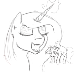 Size: 508x478 | Tagged: safe, artist:post-it, fancypants, fleur-de-lis, pony, unicorn, g4, imminent vore, magic, micro, monochrome, open mouth, sketch