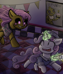 Size: 1100x1300 | Tagged: safe, artist:askfluttershypsycho, artist:spikedmauler, fluttershy, sweetie belle, pony, unicorn, g4, chase, chica, chicashy, collaboration, crossover, duo, five nights at freddy's, flashlight (object), floppy ears, flutterchica, glowing eyes, grin, levitation, looking back, magic, open mouth, running, scared, screaming, smiling, telekinesis, wide eyes