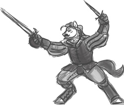 Size: 900x762 | Tagged: safe, artist:velgarn, earth pony, anthro, duelist, fantasy, fencer, male, moustache, rapier, rpg, seeds of harmony, sketch, solo, stiletto, sword, weapon, weapon master