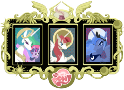 Size: 1600x1164 | Tagged: safe, artist:hinoraito, princess celestia, princess luna, twilight sparkle, oc, oc:fausticorn, alicorn, pony, g4, alicorn oc, church, faust worship, frame, goddess, icon, lauren faust, my little pony logo, nimbus, religion, simple background, transparent background, trinity