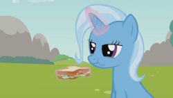 Size: 480x270 | Tagged: safe, artist:agrol, that friggen eagle, trixie, bird, eagle, ferret, pony, unicorn, must be better, g4, animated, eating, female, food, glowing horn, horn, mare, missing accessory, sandwich, solo, youtube link