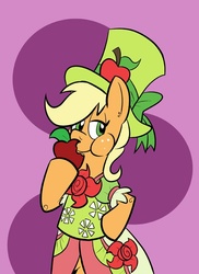 Size: 576x792 | Tagged: safe, artist:pembroke, applejack, earth pony, pony, g4, apple, bipedal, clothes, dress, female, food, hat, solo, top hat