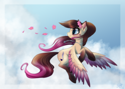 Size: 1280x914 | Tagged: safe, artist:skjolty, oc, oc only, oc:sapphire feather, cloud, flower, flying, solo