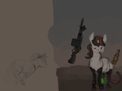 Size: 1024x768 | Tagged: safe, artist:celestiawept, oc, oc only, oc:blackjack, cyborg, pony, unicorn, fallout equestria, fallout equestria: project horizons, bottle, fanfic, fanfic art, female, glowing horn, gun, hooves, horn, level 2 (project horizons), levitation, magic, mare, solo, telekinesis, tongue out, weapon