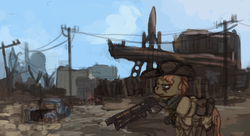 Size: 2200x1200 | Tagged: safe, artist:celestiawept, oc, oc only, fallout equestria, fallout 4, gun, solo, weapon