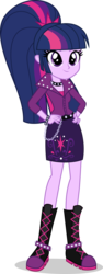 Size: 1870x5000 | Tagged: safe, artist:xebck, twilight sparkle, equestria girls, g4, alternate hairstyle, alternate universe, boots, clothes, collar, cutie mark, cutie mark hair accessory, cutie mark on clothes, female, high res, jacket, ponytail, role reversal, simple background, solo, spikes, transparent background, vector