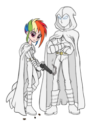 Size: 2551x3508 | Tagged: safe, artist:edcom02, artist:jmkplover, rainbow dash, human, g4, alternate timeline, apocalypse dash, clothes, costume, crossover, crystal war timeline, duo, gun, high res, humanized, marvel, moon knight, scar, simple background, transparent background, weapon