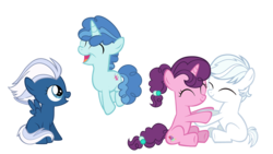 Size: 1920x1080 | Tagged: dead source, safe, artist:avisola, double diamond, night glider, party favor, sugar belle, earth pony, pegasus, pony, unicorn, g4, ^^, colt, colt double diamond, colt party favor, cute, daaaaaaaaaaaw, double dawwmond, equal four, eyes closed, favorbetes, female, filly, filly night glider, filly sugar belle, glideabetes, grin, hug, male, open mouth, pronking, show accurate, simple background, sitting, smiling, sugarbetes, transparent background, vector, younger
