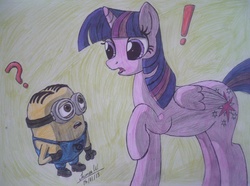 Size: 1211x903 | Tagged: safe, artist:lavenderrain24, twilight sparkle, alicorn, pony, g4, crossover, dave the minion, despicable me, exclamation point, female, male, mare, minions, question mark, traditional art, twilight sparkle (alicorn)