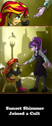 Size: 420x1022 | Tagged: safe, artist:kul, starlight glimmer, sunset shimmer, equestria girls, g4, clothes, comic, crying, cult, equestria girls-ified, female, help, human starlight, it's always sunny in fillydelphia, it's always sunny in philadelphia, its a trap!, lamppost, skirt, snow, this will end in death