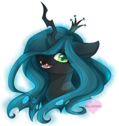 Size: 1000x1054 | Tagged: safe, artist:pillonchou, queen chrysalis, changeling, changeling queen, g4, crown, female, heart, jewelry, regalia, smiling, solo