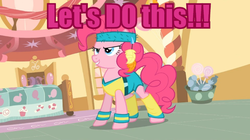 Size: 668x375 | Tagged: safe, screencap, pinkie pie, g4, female, image macro, let's do this, meme, pink text, solo, workout outfit