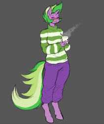 Size: 800x950 | Tagged: safe, artist:lurking tyger, spike, anthro, g4, barb, blushing, breasts, busty barb, clothes, coffee, coffee mug, drink, eyeshadow, female, makeup, mug, ponified, ponified barb, ponified spike, rule 63, smiling, solo, species swap, sweater