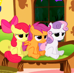 Size: 418x410 | Tagged: safe, screencap, apple bloom, scootaloo, sweetie belle, earth pony, pony, g4, stare master, animated, blinking, cutie mark crusaders, female, unamused
