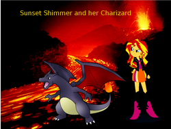 Size: 1024x768 | Tagged: safe, sunset shimmer, charizard, equestria girls, g4, crossover, pokémon, shiny pokémon, volcano