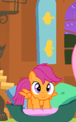 Size: 175x279 | Tagged: safe, screencap, apple bloom, fluttershy, scootaloo, pegasus, pony, g4, stare master, animated, bouncing, cute, cutealoo, female, filly, foal, jumping, mare, open mouth, smiling, spread wings, wings