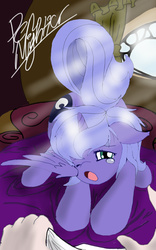 Size: 500x800 | Tagged: safe, artist:pen-mightier, princess luna, human, g4, bed, cute, offscreen character, sleepy, solo focus, stretching, yawn