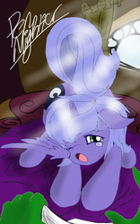 Size: 500x800 | Tagged: safe, artist:pen-mightier, princess luna, oc, oc:anon, human, g4, anon in equestria, anonymous, cute, female, morning ponies, offscreen character, sleepy, solo focus, stretching, yawn