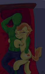 Size: 1600x2600 | Tagged: safe, artist:vadkram20xd6, spitfire, oc, oc:anon, human, pony, g4, /mlp/, armpits, bed, cuddling, cute, eyes closed, human on pony snuggling, snuggling