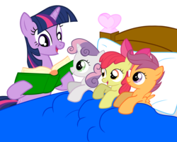 Size: 3003x2410 | Tagged: safe, artist:kwark85, apple bloom, scootaloo, sweetie belle, twilight sparkle, earth pony, pegasus, pony, unicorn, g4, bed, bedtime story, book, cute, cutie mark crusaders, female, filly, foal, high res, mare, reading, simple background, transparent background, unicorn twilight, vector