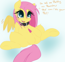 Size: 3000x2849 | Tagged: safe, artist:arianfis, artist:grumblepluck, fluttershy, pegasus, pony, g4, belly, belly button, bronybait, chest fluff, collar, featureless crotch, female, flutterpet, high res, mare, pet play, solo, vector