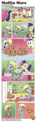 Size: 944x3197 | Tagged: safe, artist:saturdaymorningproj, bon bon, derpy hooves, sweetie drops, pegasus, pony, g4, apron, clothes, comic, dialogue, female, food, mare, muffin, oven, oven mitts, speech bubble, that pony sure does love muffins