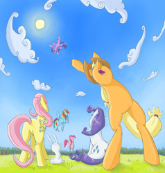 Size: 1047x1100 | Tagged: safe, artist:bgf, angel bunny, applejack, fluttershy, pinkie pie, rainbow dash, rarity, twilight sparkle, alicorn, pony, g4, cloud, female, funny, grass, laughing, launch, lifting, low angle, mane six, mare, shock, sky, toss, twilight sparkle (alicorn), vertigo