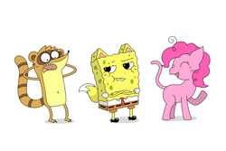 Size: 1095x730 | Tagged: safe, artist:peketope, pinkie pie, oc, oc:cat, oc:tanuki, cat, fox, raccoon, tanooki, g4, crossover, fox & tanuki, male, regular show, rigby (regular show), simple background, spongebob squarepants, spongebob squarepants (character), transformation, what has science done, white background