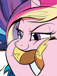 Size: 437x581 | Tagged: safe, artist:andy price, idw, princess cadance, alicorn, pony, g4, bedroom eyes, cheeks, clothes, comic, flirting, hooves, hooves on face, hooves up, like what you see?, looking down, raised eyebrow, regalia, shoes, smiling, smirk, smug, squishy cheeks