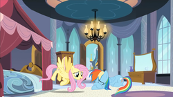 Size: 900x505 | Tagged: safe, fluttershy, rainbow dash, g4, canterlot, comforting, crying, female, flipped script, interior, lesbian, role reversal, ship:flutterdash, shipping