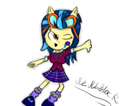 Size: 1024x854 | Tagged: safe, artist:mildockart, indigo zap, equestria girls, g4, my little pony equestria girls: friendship games, chibi, clothes, crystal prep academy, crystal prep academy uniform, cute, cutie mark, cutie mark on equestria girl, doll, earring, equestria girls minis, female, goggles, piercing, pony ears, school uniform, signature, skirt, solo, thumbs down, toy, wink, zapabetes