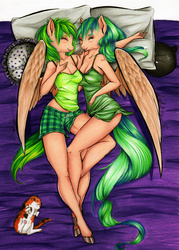 Size: 1024x1431 | Tagged: safe, artist:divinekitten, oc, oc only, oc:cloud skipper, oc:sky rider, cat, pegasus, anthro, bed, boxers, clothes, duo, duo female, eyes closed, female, laughing, nightgown, siblings, sisters, twins, underwear